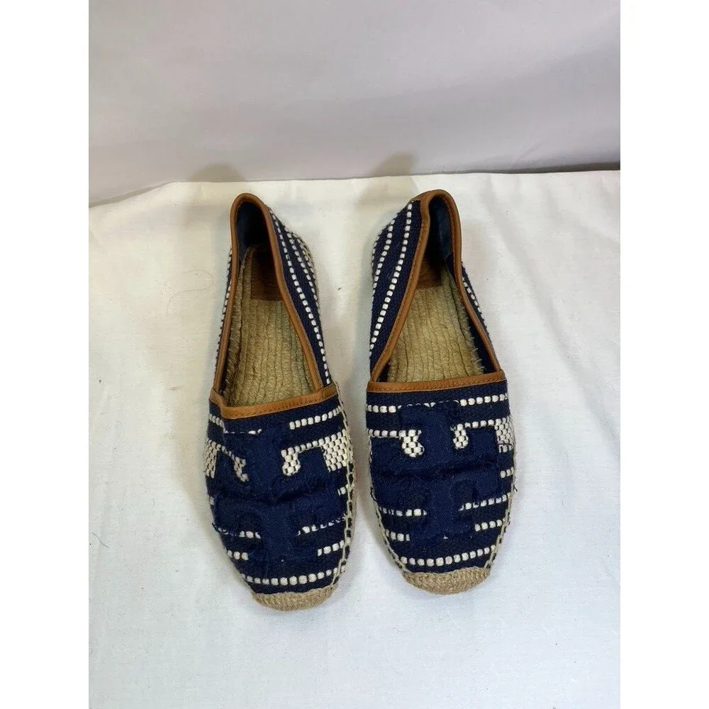 TORY BURCH SZ 8 1/2 COTTON /JUTE EPRIDRILLS SLIP ON SHOES WITH LOGO